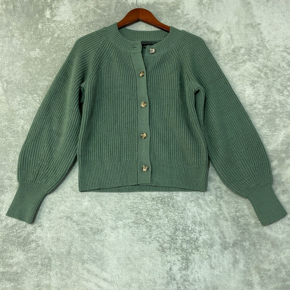 Banana Republic Women's Small Green Ribbed Cardigan Sweater Knit Balloon Sleeve